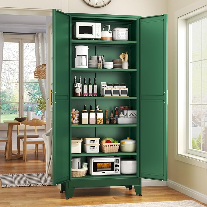 75.2" Tall Kitchen Food Pantry, Pantry Cabinet with 2 Door and 5 Adjustable Shelves, Green Laundry Room Cabinets, Freestanding Pantry for Kitchen, Study Room, Dining Room and Entryway-CasaMuseHome