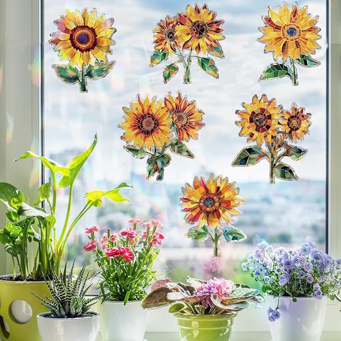 12pcs Window Decals for Bird Strikes, Anti Collision Window Clings, Rainbow Reflection Window Sticker, Sunflower Style Sun Catcher Stickers for Glass Windows-CasaMuseHome