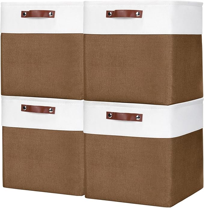 13x13 Cube Storage Bins, Collapsible Fabric Storage Box, 4 Pack Closet Baskets with Handles for Organizing, Shelf, Toys, Clothes, Home, Office, Nursery (Brown&White)-CasaMuseHome
