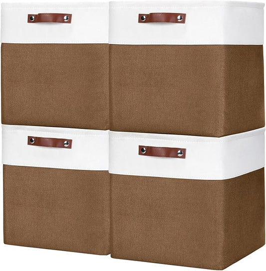 13x13 Cube Storage Bins, Collapsible Fabric Storage Box, 4 Pack Closet Baskets with Handles for Organizing, Shelf, Toys, Clothes, Home, Office, Nursery (Brown&White)-CasaMuseHome