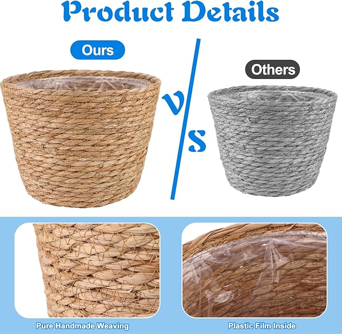 4 Pcs Large Premium Seagrass Planter Basket with Plastic Lining Natural Stylish Planter Baskets Indoor Outdoor Plants Woven Wicker Baskets for Plants Flower Pots Cover and Room Decor(10.2x7.5x7.5")-CasaMuseHome