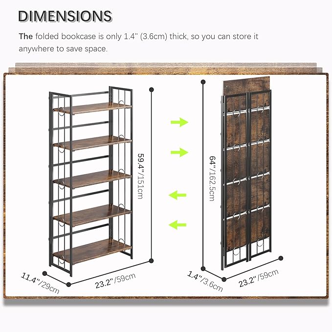 4NM No Assembly 5 Tiers Folding Bookshelf, 59.4" H Foldable Storage Shelves Vintage Bookcase Standing Racks Study Organizer Home Office - Rustic Brown Black-CasaMuseHome
