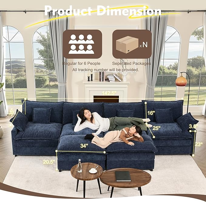 142.5" U Shaped Couch, Modular Sectional Sofa, 3-Seater Comfy Cloud Couch with Movable Ottoman, Deep Seat Couches for Living Room, Chenille, Navy-CasaMuseHome