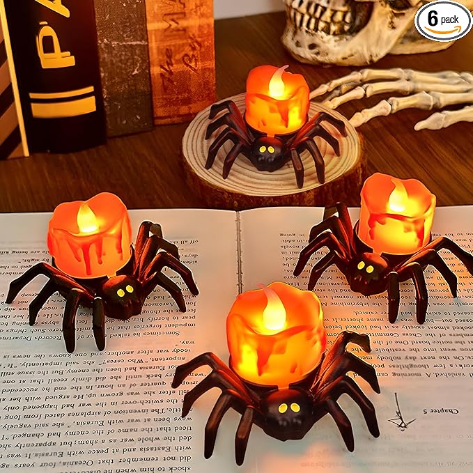 6 Pack Halloween Flameless Candles Battery Operated LED Spider Tealight Candles for Halloween Home Decorations, Light Up Halloween Decorations Indoor for Table Party Office Fireplace Halloween Gifts-CasaMuseHome