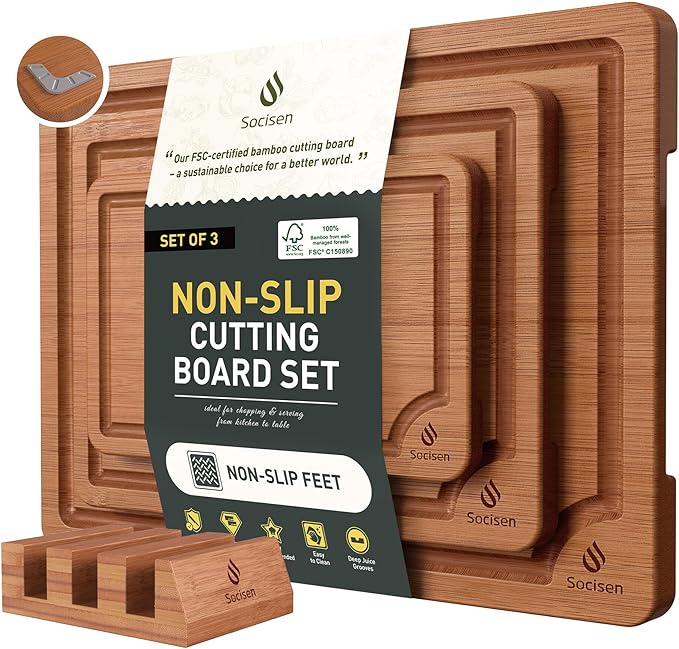 3 Packs Bamboo Cutting Board Set with Non Slip Feet Holder and Over Sink Nice Solid Thick Wood Juice Groove Chopping Board Extra Large Big Small Best Hardwood Kitchen Organic Vegetable Meat BBQ Kit-CasaMuseHome