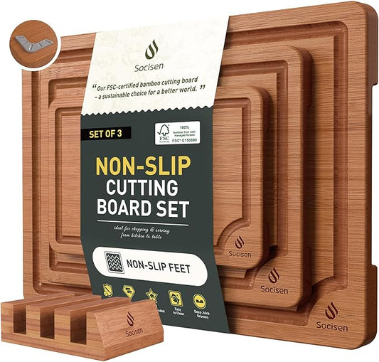 3 Packs Bamboo Cutting Board Set with Non Slip Feet Holder and Over Sink Nice Solid Thick Wood Juice Groove Chopping Board Extra Large Big Small Best Hardwood Kitchen Organic Vegetable Meat BBQ Kit-CasaMuseHome