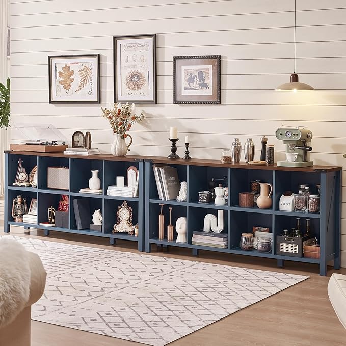 8 Cube Book Shelf, Farmhouse Wood Long Storage Organizer Bookcase, 62" Horizontal Navy Blue Console Closet Bookshelf, Hallway TV Stand for Entryway, Display Cabinet Book Case for Living Room-CasaMuseHome