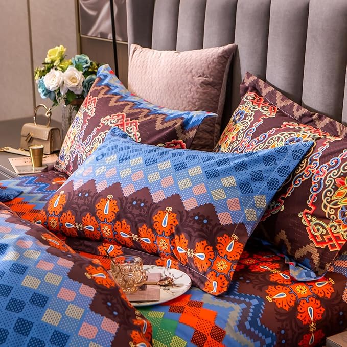 ABREEZE Bohemian Duvet Cover Set Colorful Brown Boho Retro Bedding Set Damask Paisley Cotton Duvet Cover Tribal Reversible Bedding Exotic Style Comforter Cover 3-Piece Queen-CasaMuseHome