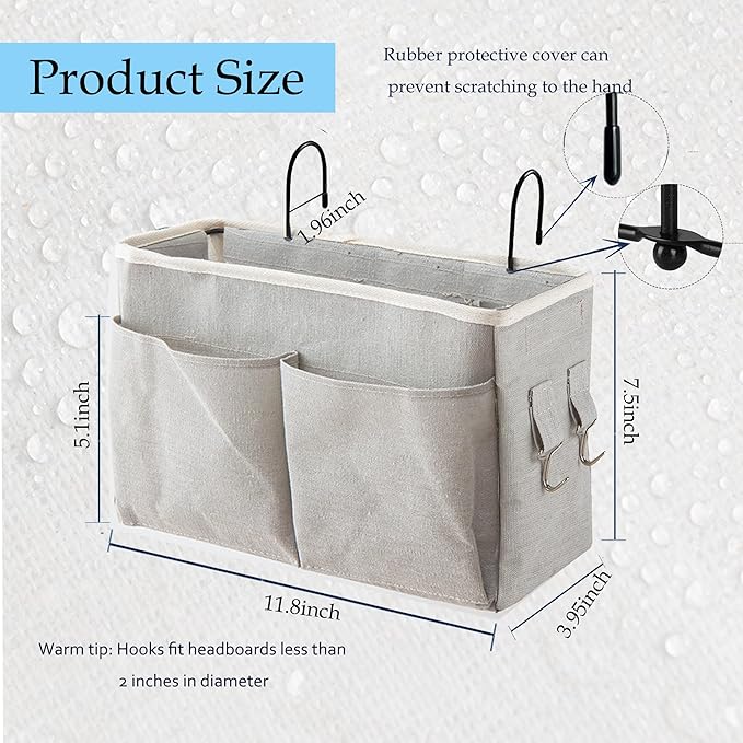 2-Pack Bedside Caddy, Bedside Hanging Storage Organizer for College Dorm Beds, Bunk Beds and Hospital Beds Rails, The Hanging Basket Can be Placed Magazine, Books, Phones,kettle, Glasses (Grey)-CasaMuseHome