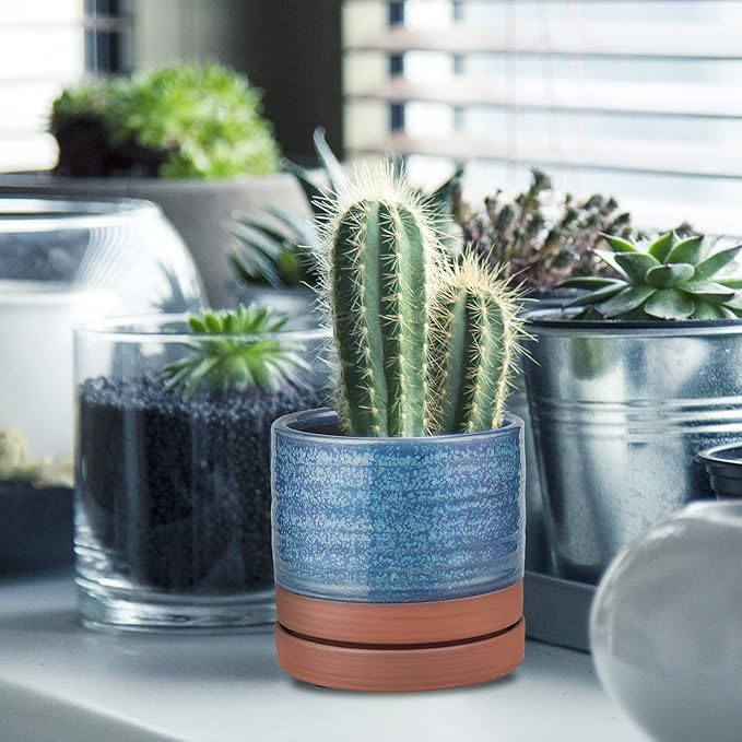 6 Inch Plant Pots, Ceramic Planter Pot with Drainage Hole & Saucer, Indoor/Outdoor Cylinder Round Planter Pot, Aqua Blue & Terracotta Red-CasaMuseHome