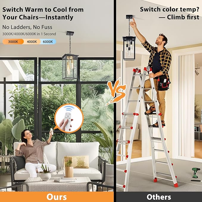 3-Color LED Outdoor Pendant Light with Remote, 3-Light 19" Large Outdoor Chandelier for Porch, Black Gold Exterior Pendant Lighting Fixtures Ceiling Mount Pendant Lantern for Patio Front Door-CasaMuseHome