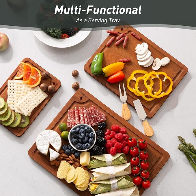 3 Packs Bamboo Cutting Board Set with Non Slip Feet and Over Sink Nice Solid Thick Wood Juice Groove Chopping Board Extra Large Big Small Best Hardwood Counter Organic Vegetable Kitchen Gadgets-CasaMuseHome