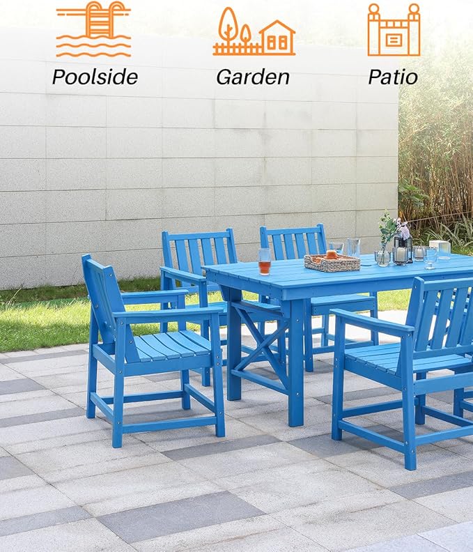 7 Pieces HDPE Outdoor Dining Set, Patio Dining Set with Umbrella Hole, All Weather Outdoor Dining Table Sets for 6, HDPE Patio Furniture Sets for Deck, Backyard, Lawn, and Poolside, Sky Blue-CasaMuseHome