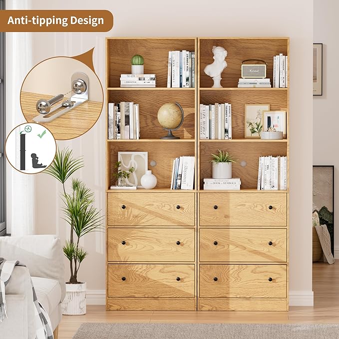 71" Tall Bookshelves Set of 2, Bookcases with Drawers, Bookshelves with Storage, Wooden Bookshelf with 3 Drawers & 3-Tier Open Shelves,Home Decor Furniture for Living Room,Bedroom,Home,Natural-CasaMuseHome