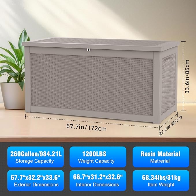 260 Gallon Deck Box XXL Large Outdoor Storage for Patio Furniture,Outdoor Cushions,Garden Tools and Pool Supplies,Waterproof,Resin,Lockable(Grey Rattan)-CasaMuseHome