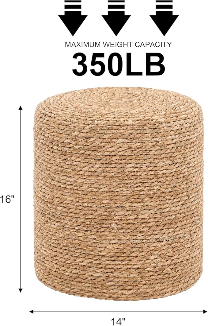 16'' Round Ottoman Natural Seagrass Braided Poof Hand Weaving Round Ottomans Boho Footrest Stool for Home Living Room Bedroom Patio(Natural)-CasaMuseHome
