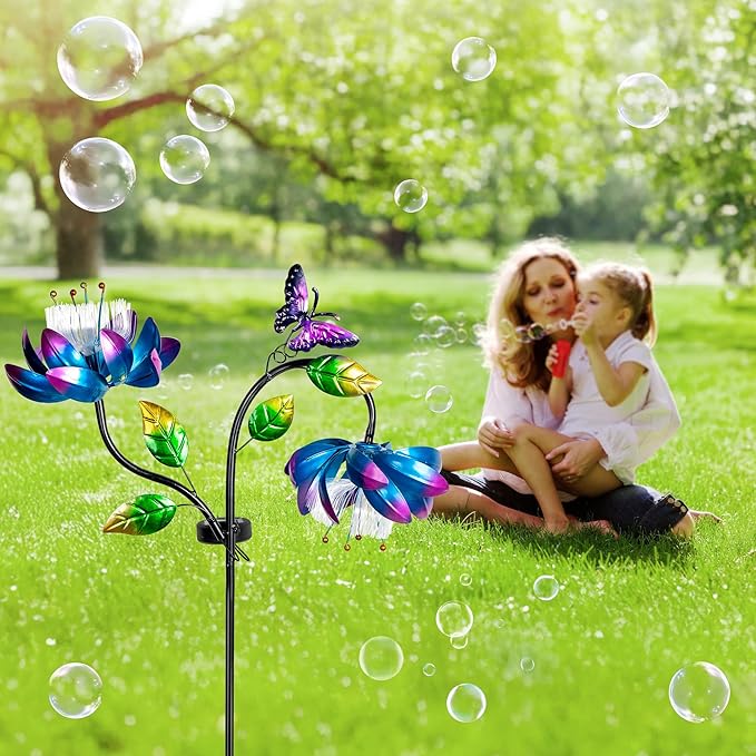 50'' Solar Powered Kinetic Wind Spinner Sculpture Blue Lotus Metal Stake Spinner for Patio, Lawn and Garden Decor Weather Resistant Outdoor Art with Dual Lotus with Butterfly Design-CasaMuseHome