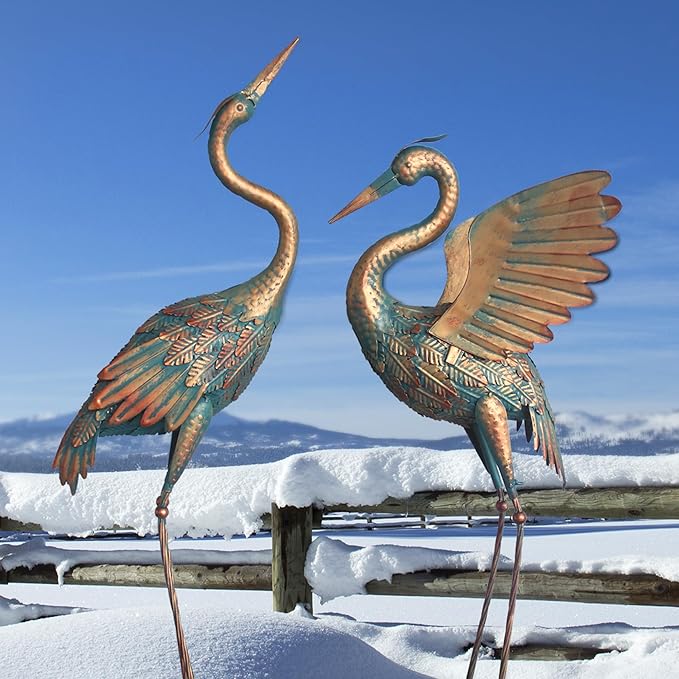 33-37 Inch Metal Crane Garden Statue Décor, Bird Heron Garden Sculpture & Statues, Outdoor Decoration for Yard Pond Lawn Backyard Pool, Vintage Spread Wings Crane, Set of 2 Copper…-CasaMuseHome