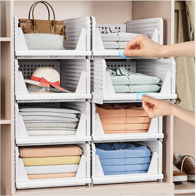 5 Pack Stackable Closet Storage Basket - Stackable Storage Bins, Multifunctional & Foldable Closet Organizer, Wardrobe Cupboard Space-Saving Hat Storage Drawer Organizer, White-CasaMuseHome