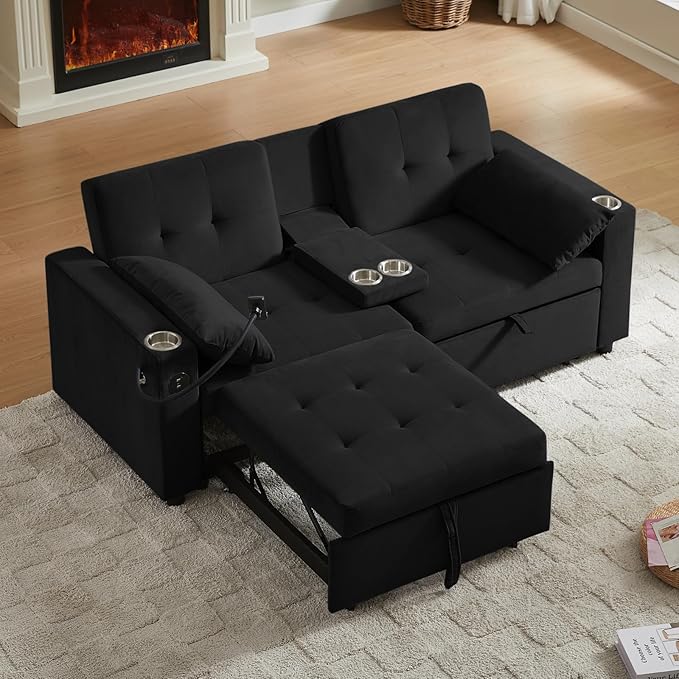 70" Queen Size Sofa Bed for Living Room – Pull-Out Sleeper Sofa Couch with Cup Holder, Phone Holder, USB Charging Port, Solid Wood Frame, Easy Assembly, Space-Saving Design for Small Apartments-CasaMuseHome
