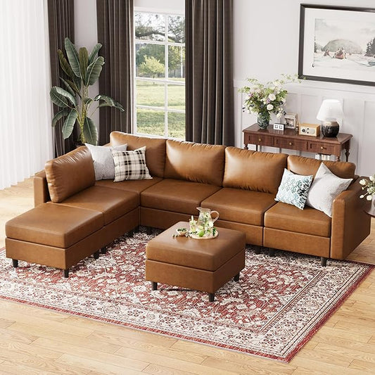 118.5" Faux Leather Modular Sectional Sofa, L Shaped Couch Set for Living Room, 7-Seater Comfy Cloud Couches with Storage Seat Brown-CasaMuseHome