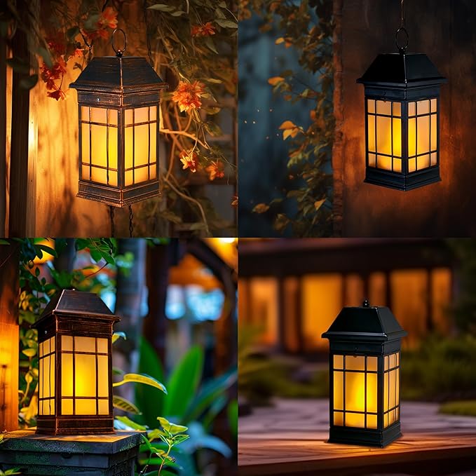 14" Solar Lantern Outdoor Waterproof, Glass Flickering Flame Solar Lanterns, Hanging Metal Lantern Decorative for Patio Front Porch Garden Backyard Tabletop Party Decoration-CasaMuseHome