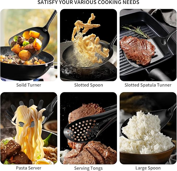 304 Stainlss Steel Matte Kitchen Utensils Set, 12 Pcs Long Metal Cooking Utensil Gadgets Tools Set with Spatula, Ladle, Spoon, Ladle, Skimmer, Tunner, Pasta Server, Tongs(Black, Dishwasher Safe)-CasaMuseHome