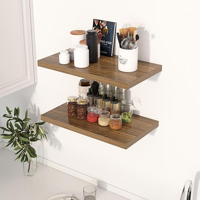 24" Floating Shelves for Wall, 12" Deep Slim Walnut Floating Shelves, Wall-Mounted Shelves for Bedroom, Living Room, Kitchen, Bathroom - Set of 2-CasaMuseHome