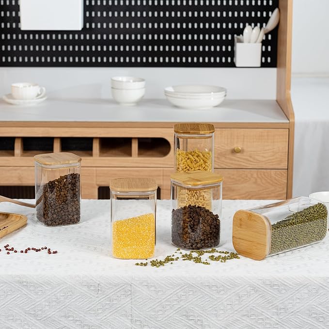 41oz Airtight Glass Square Storage Canister with Bamboo Lid Set of 4 (1200ml) Container Stackable Jar, Kitchen Canister for Pantry Noodles, Flour and Coffee beans (‎with Black Lable)-CasaMuseHome