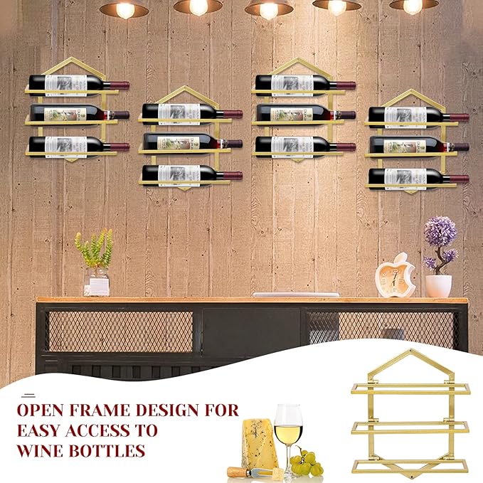 2Pcs Wall Mounted Wine Stemware Rack, Metal Hanging Wine Glass Display Holde Holds 3 Bottles, Elegant Storage for Kitchen Dining Room Bar Wine Cellar (Gold)-CasaMuseHome
