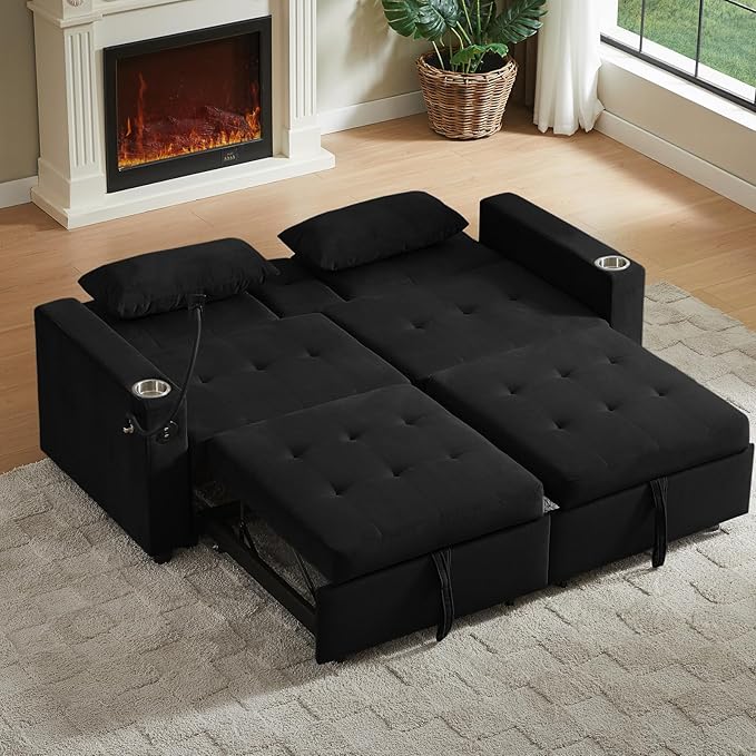 70" Queen Size Sofa Bed for Living Room – Pull-Out Sleeper Sofa Couch with Cup Holder, Phone Holder, USB Charging Port, Solid Wood Frame, Easy Assembly, Space-Saving Design for Small Apartments-CasaMuseHome