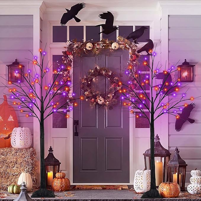 2Pack 5FT 200LED Black Halloween Tree Lights, Timer Function Lighted Black Trees with Purple and Orange Lights, Spooky Trees Light for Indoor Outdoor Halloween Decorations-CasaMuseHome