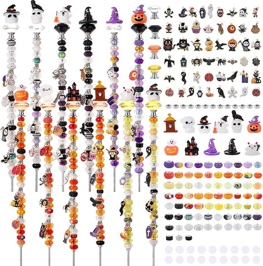 358PCS Halloween Beaded Garden Stakes, DIY Halloween Fairy Wand Garden Stake Decorative Kit with 12 in or 10 in Threaded Rod, Crystal Top, Large Holes Bead, Pendant for Outdoor or Indoor Decoration-CasaMuseHome