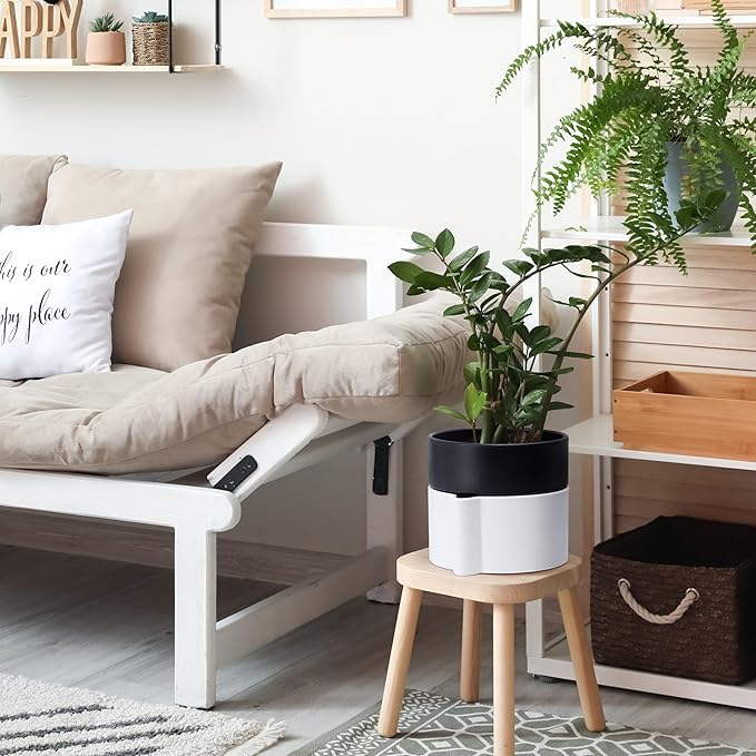 8 Inch Self-Watering Planter Pot with Terracotta Insert, Deep Water Reservoir, and Ceramic-Alike BPA-Free Plastic Planter Pot for Plant, Modern Planter for Houseplants, White/Black, 53-B-T-4-CasaMuseHome