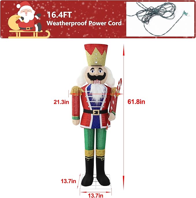 5FT Lighted Nutcracker with Candy Cane for Christmas Decoration, 3D Pre-Lit Iridescent Soldier Xmas Decor with 100 Warm White Lights, Glittered Standing Holiday Display for Outdoor, Indoor-CasaMuseHome