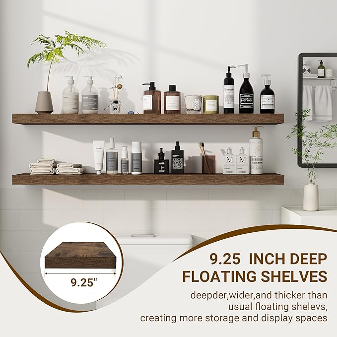 48 Inch Floating Shelves, 48"x9.25"x1.5" Inch Deep Floating Shelves for Wall, Wooden Shelves for Bathroom, Bedroom, Living Room, Brown-CasaMuseHome