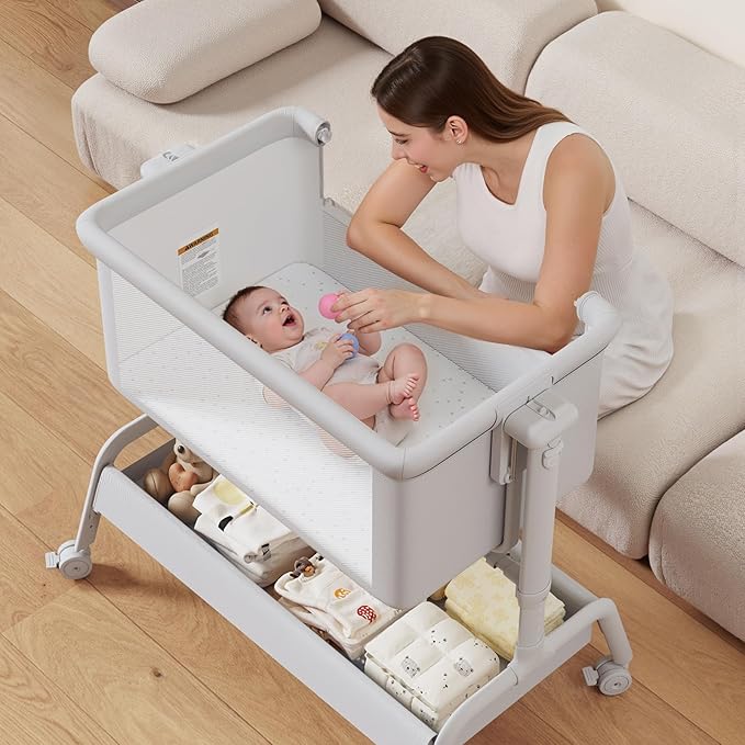 3-in-1 Baby Bassinet, Rocking Bassinet, Bedside Bassinet for Baby, Stable and Secure Bassinet Bedside Sleeper for Newborn & Infant, 6 Height Adjustable with Wheels, Mattress & Breathable Mesh-CasaMuseHome