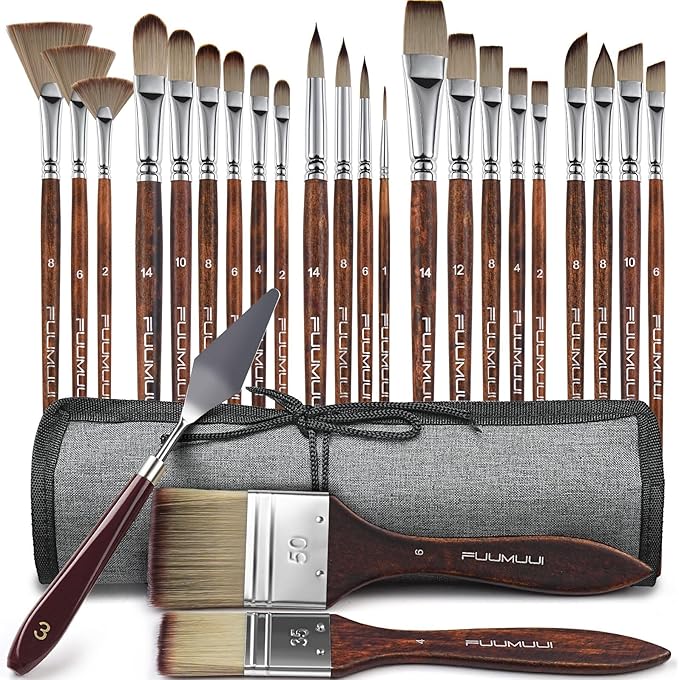 25pcs Paint Brush Set, Fuumuui Acrylic Paint Brushes, Professional Artist Series with Wide Flat, Filbert, Fan, Dagger, Cat Tongue, Round, Angle, Rigger for Oil, Acrylic Canvas Paintings, Face Painting-CasaMuseHome
