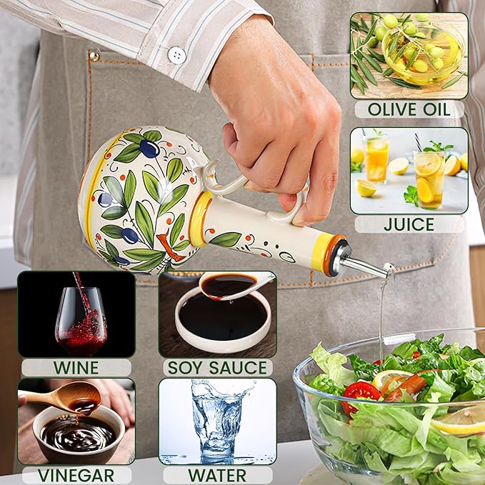 18 oz Ceramic Olive Oil Dispenser Bottle for Kitchen, Large Capacity Oli and Vinegar Cruet with Stainless Steel Spout, 540 ml Oil Container with Handle for Cooking Preventing, Vinegar Cruet-CasaMuseHome