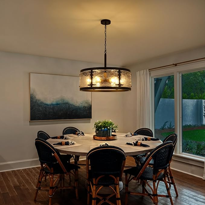 23.6" Large Farmhouse Drum Black Chandelier, 6-Light Vintage Round Glass Chandeliers for Dining Room, Industrial Light Fixture for Kitchen Living Room Stairwell, Clear Waterglass Drum Shade-CasaMuseHome