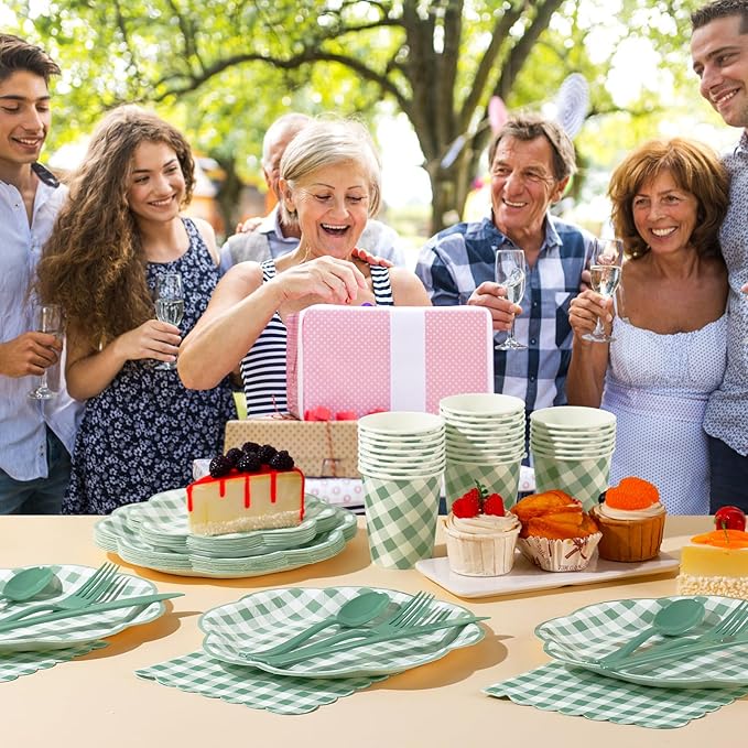 175 Pcs Sage Green Gingham Paper Plates and Napkins Party Supplies - Sage Green and White Checkered Plates Scalloped Plaid Plate for Birthday Dinner Picnic BBQ Party Decorations, Serve 25 Guests-CasaMuseHome