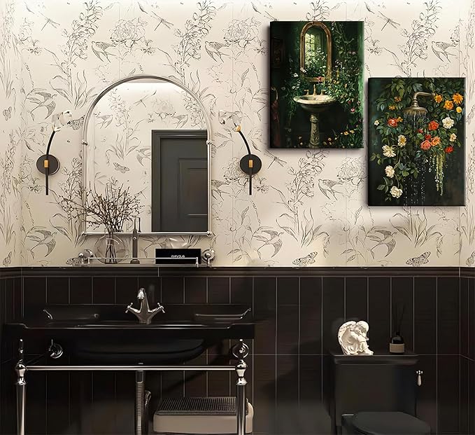 3Pcs Framed Vintage Dark Green Bathroom Wall Art Shower Toilet Paper Roll Floral Poster Print Modern Farmhouse plants Painting Picture Wall Decor For Bathroom Living Room Decoration-CasaMuseHome