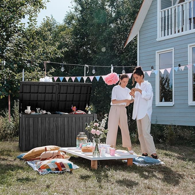 182 Gallon Deck Box Waterproof, UV Resistant Resin Outdoor Storage Box with Hydraulic Rod, Lockable Design and Enhanced Durability for Patio, Garden, and Poolside Use-CasaMuseHome