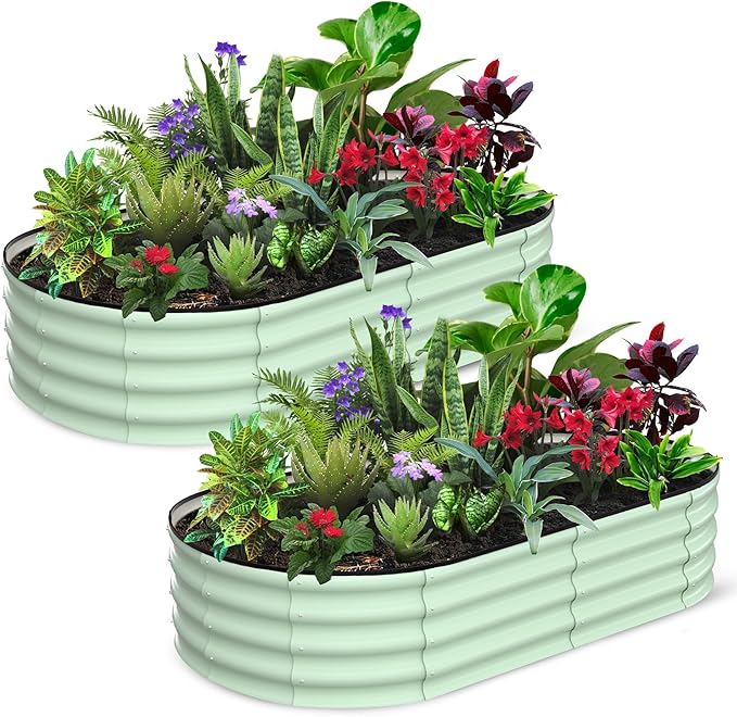 2 Pcs 6x3x1ft Oval Raised Garden Bed, Galvanized Raised Beds,Open-Ended Base Metal Raised Planter Beds,Garden Bed Outdoor,Planter Raised Boxes for Vegetables, Flowers,Tool-Free Asse,Green-CasaMuseHome