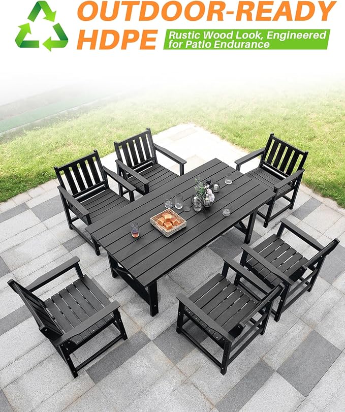 7 Pieces HDPE Outdoor Dining Set, Patio Dining Set with Umbrella Hole, All Weather Outdoor Dining Table Sets for 6, HDPE Patio Furniture Sets for Deck, Backyard, Lawn, and Poolside, Obsidian-CasaMuseHome