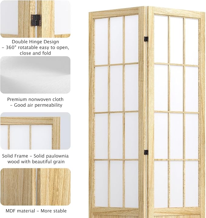 5.6FT Room Divider and Folding Portable Partition Screen, Chinese Japanese Shoji Style for Room Separation - 4 Panel (Natural)-CasaMuseHome