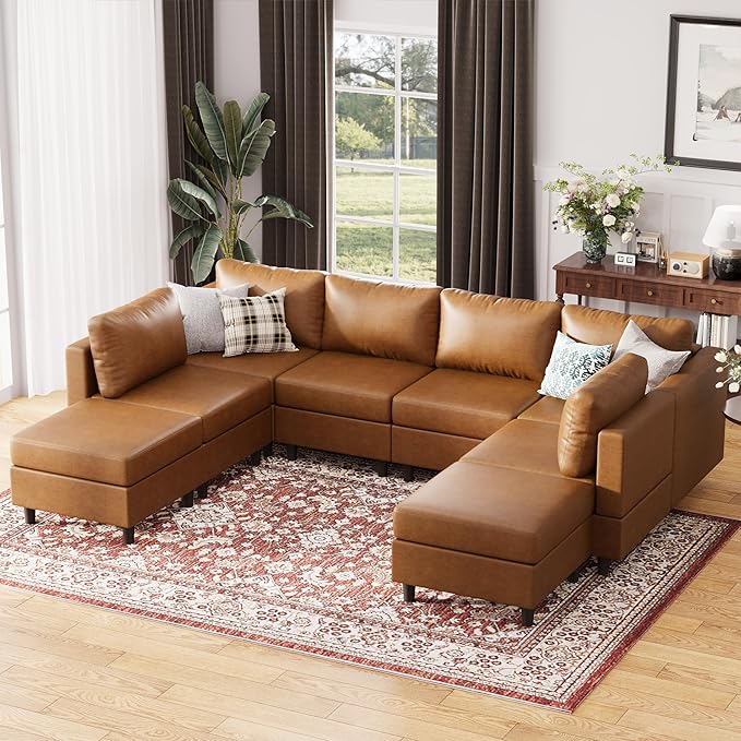 118.5" Faux Leather Modular Sectional Sofa, Modern Large 8 Seater U Shaped Couch with Storage Seat with Reversible Chaise Deep Seat for Living Room DIY Combination - Brown-CasaMuseHome