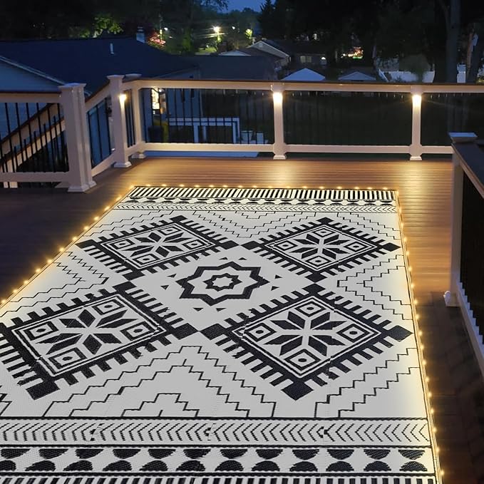 6x9ft Waterproof Outdoor Rug with LED Lights, Boho Reversible Plastic Straw Mat for Patio RV Camping Picnic Balcony Beach Deck Indoor Outdoor Carpet, Black&White-CasaMuseHome