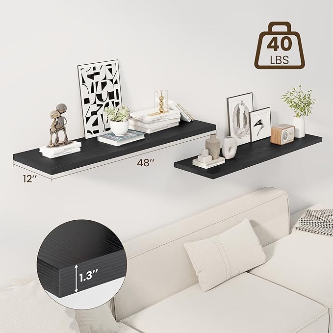 48" Floating Shelves for Wall, 12" Deep Slim Black Floating Shelves, Wall-Mounted Shelves for Bedroom, Living Room, Kitchen, Bathroom - Set of 2-CasaMuseHome