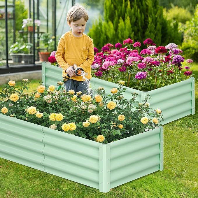 6x3x1ft Large Outdoor Planter Boxes Kit Set of 2, Galvanized Raised Bed Planter with Open-Ended Base Design, Elevated for Outdoor Plants, Durable Raised Bed for Gardening,Green-CasaMuseHome